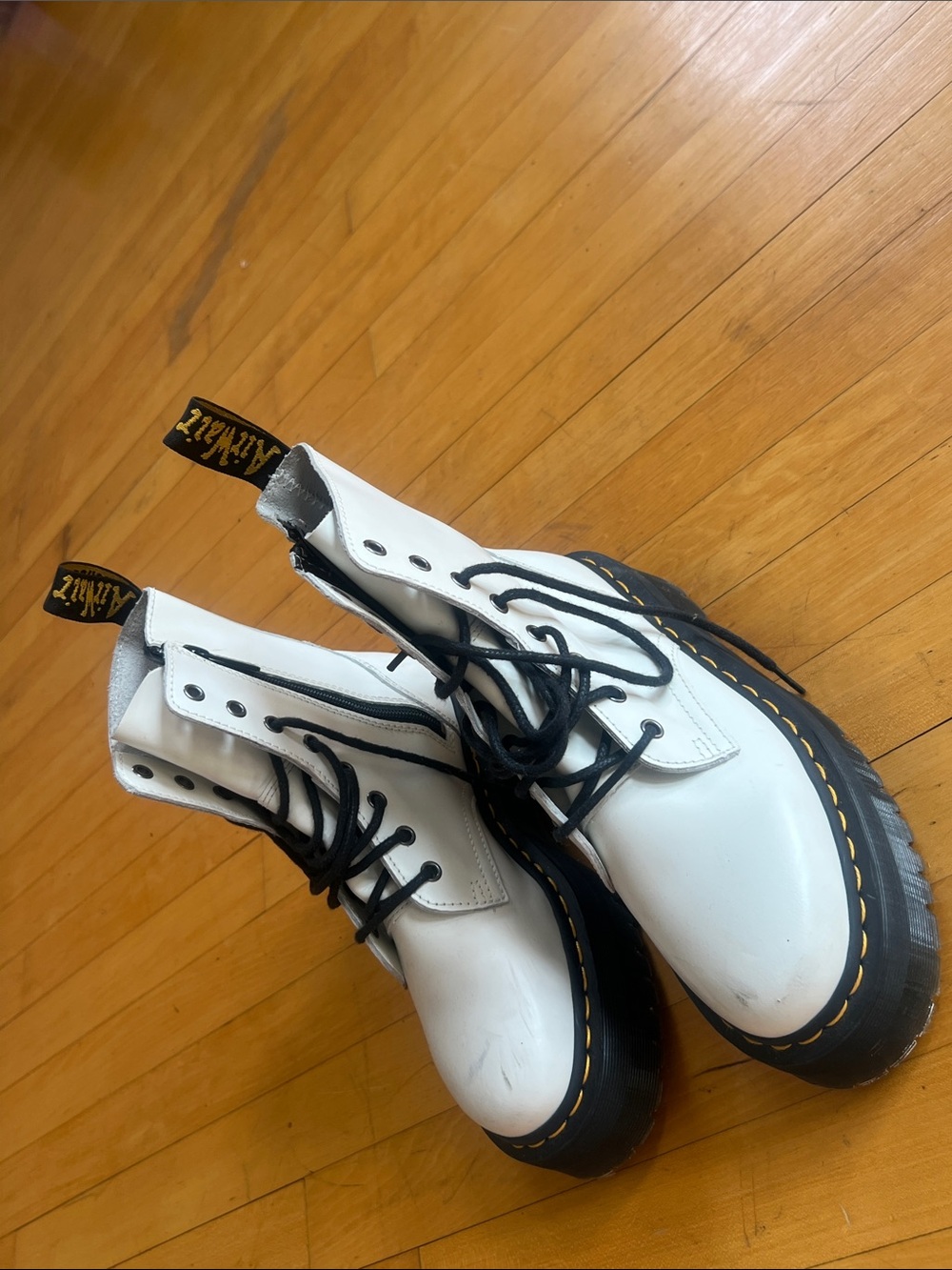 Dr. Martens White Leather Platform Combat Boots with Black Laces